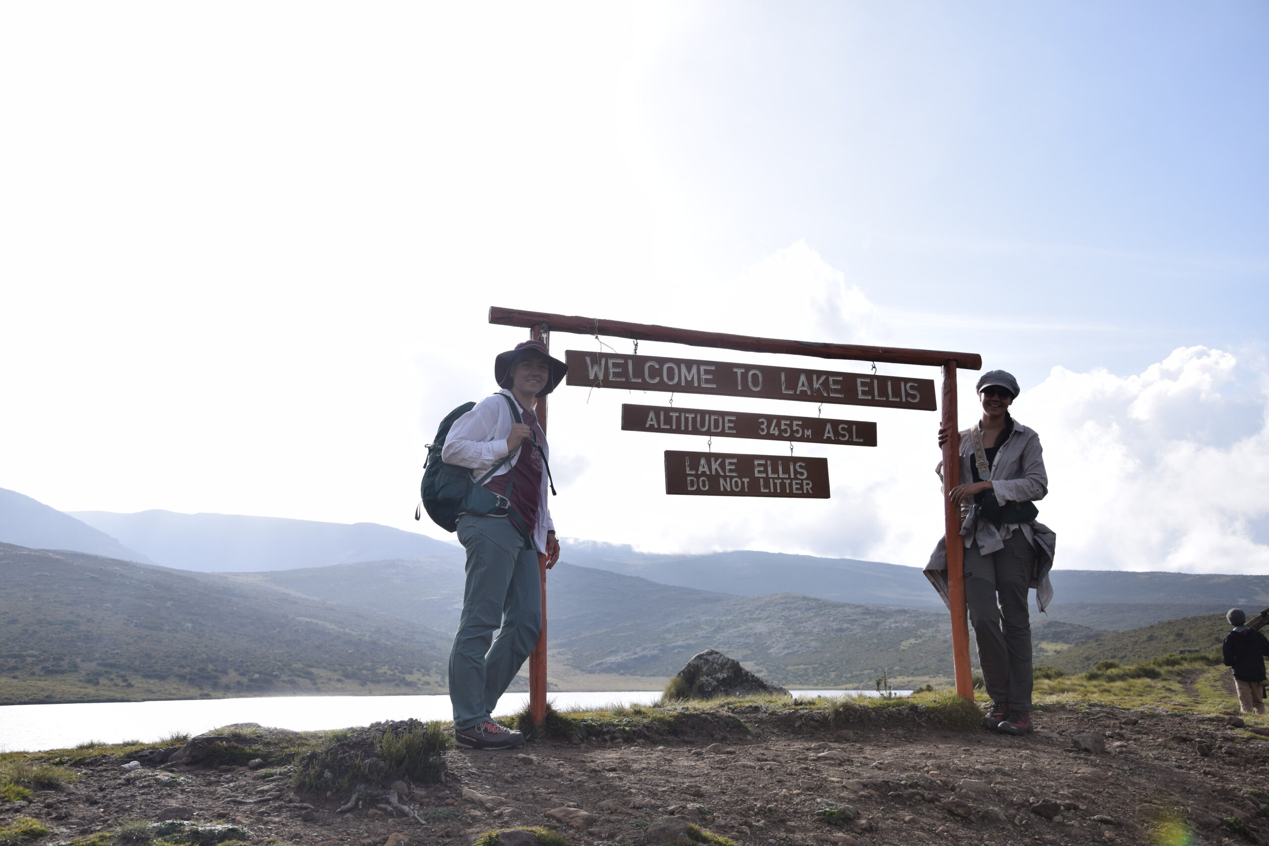 Mount Kenya hikers crossing open moorland in clear season weather