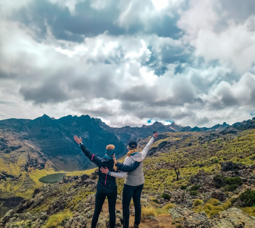 Trekkers above the Gorges Valley on the Chogoria route on Mount Kenya