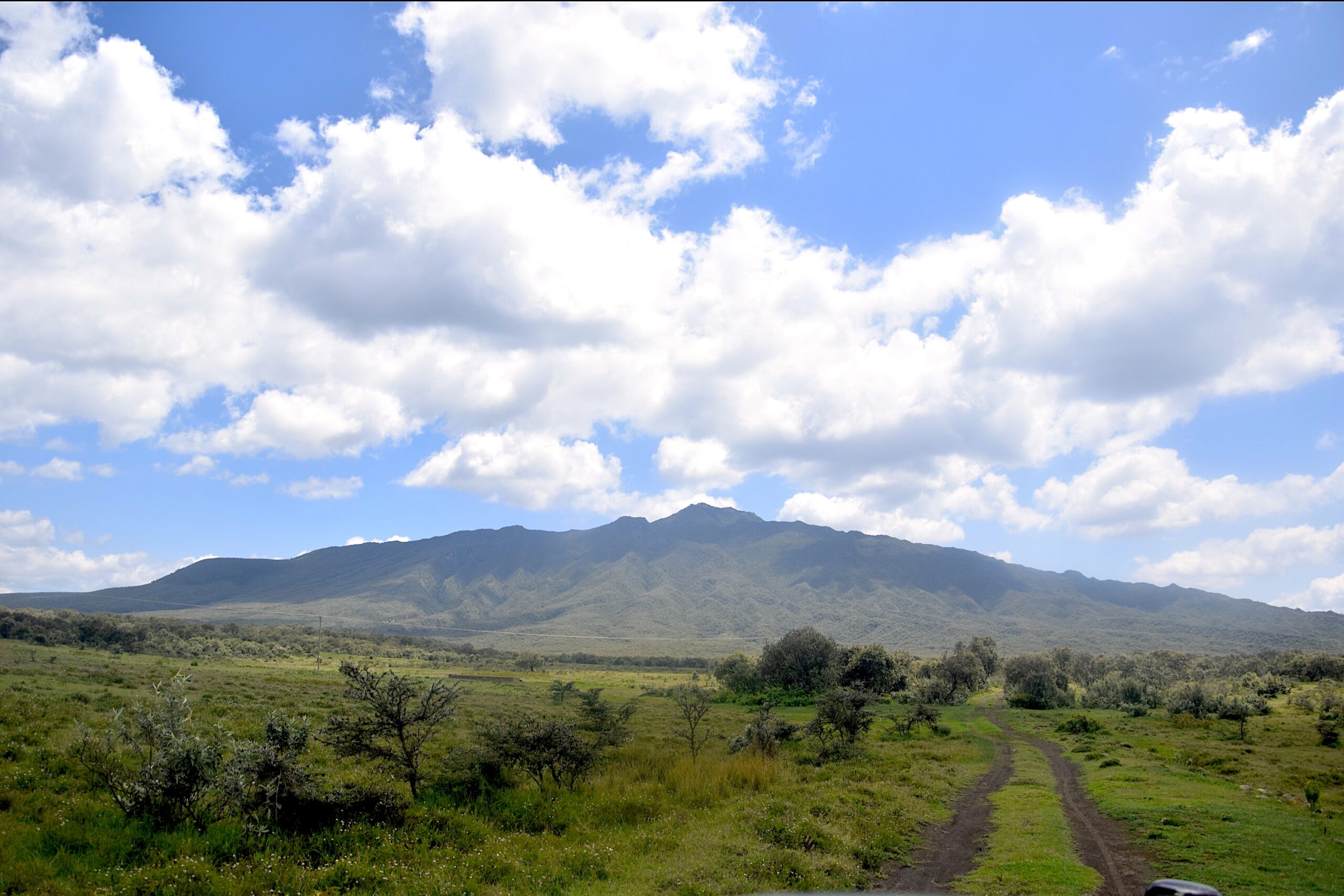 Mount Longonot rising beyond grassland and a dirt track